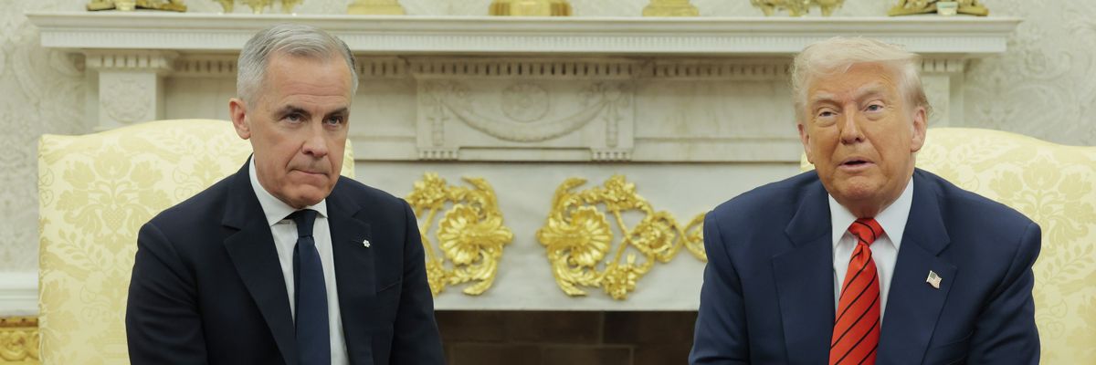 U.S. President Donald Trump speaks to reporters alongside Canadian Prime Minister Mark Carney