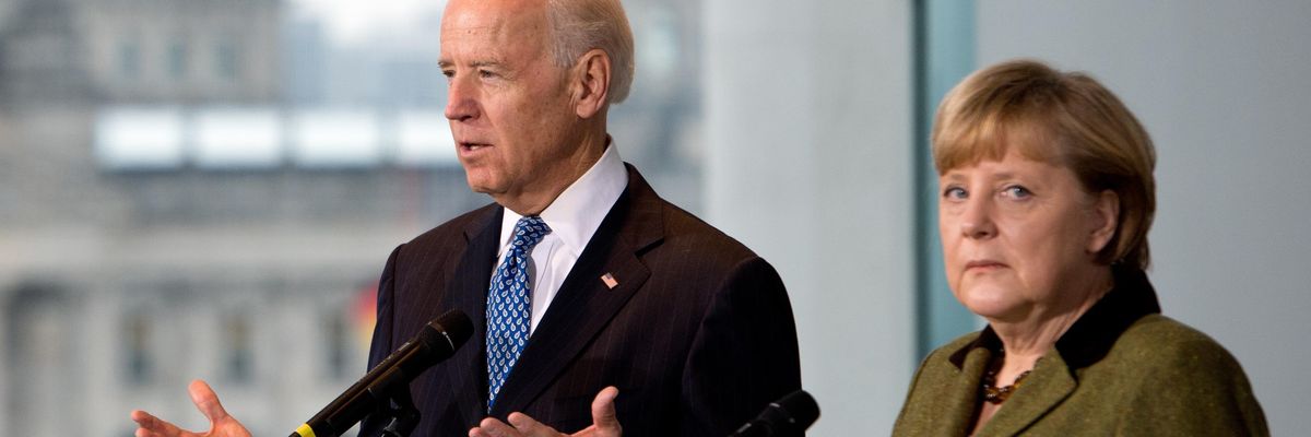 U.S. President Joe Biden and German Chancellor Angela Merkel speak at a press conference