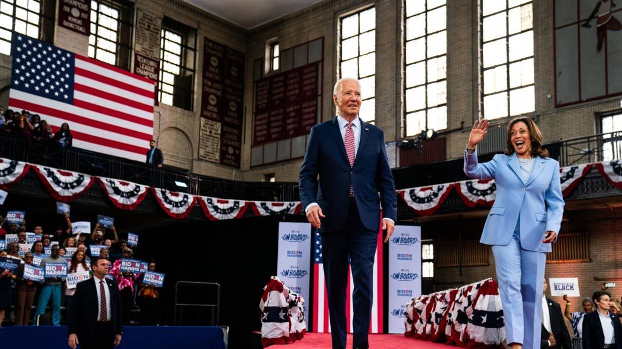 U.S. President Joe Biden and Vice President Kamala Harris enter a campaign event