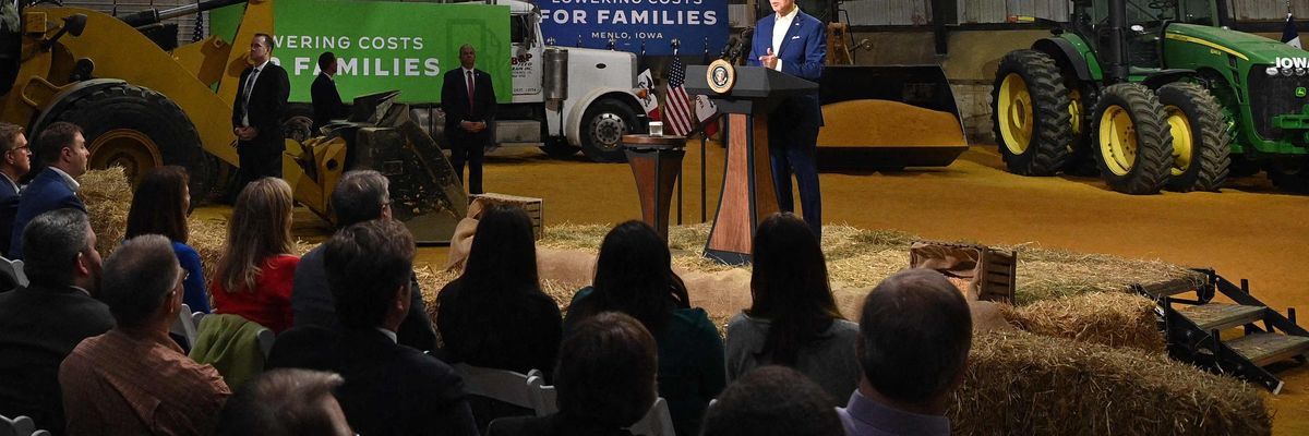 U.S. President Joe Biden announces steps to ease rising consumer prices at POET Bioprocessing in Menlo, Iowa on April 12, 2022. 