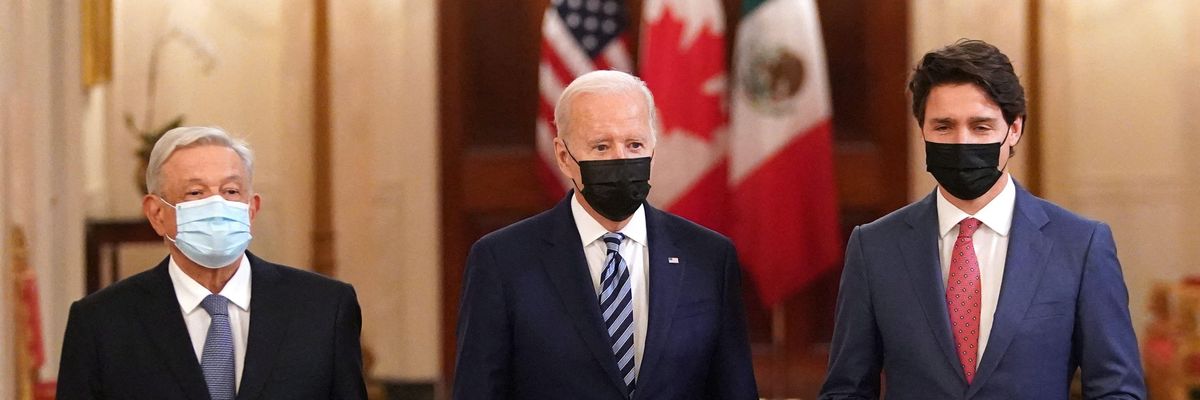 U.S. President Joe Biden (CU.S. President Joe Biden (C), Canadian Prime Minister Justin Trudeau (R) and Mexican President Andres Manuel Lopez Obrador 
