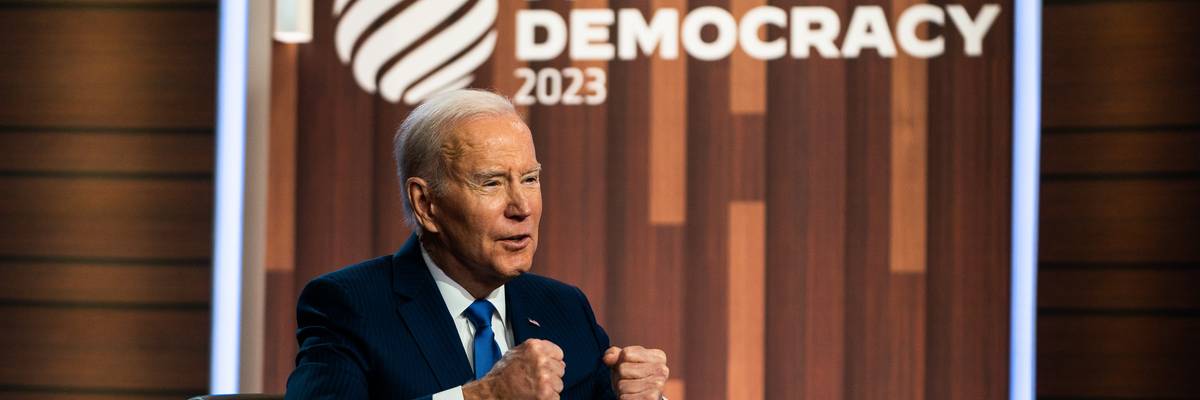 U.S. President Joe Biden delivers remarks during the Summit for Democracy in the South Court Auditorium at the Eisenhower Executive Office Building on Wednesday, March 29, 2023.