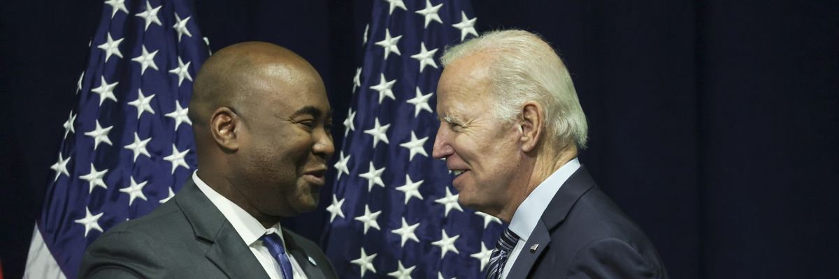 U.S. President Joe Biden greets Jaime Harrison