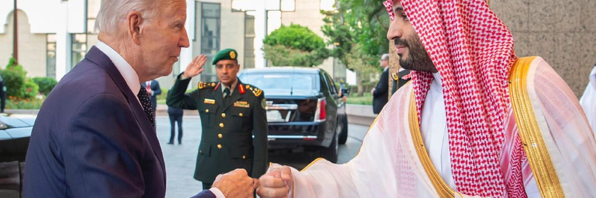 U.S. President Joe Biden greets Saudi Crown Prince Mohammed bin Salman with a fist-bump at the Al Salam Royal Palace in Jeddah, Saudi Arabia on July 15, 2022. 