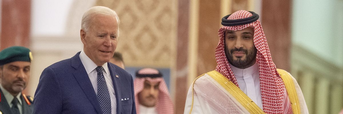 U.S. President Joe Biden (L) is welcomed by Saudi Arabian Crown Prince Mohammed bin Salman