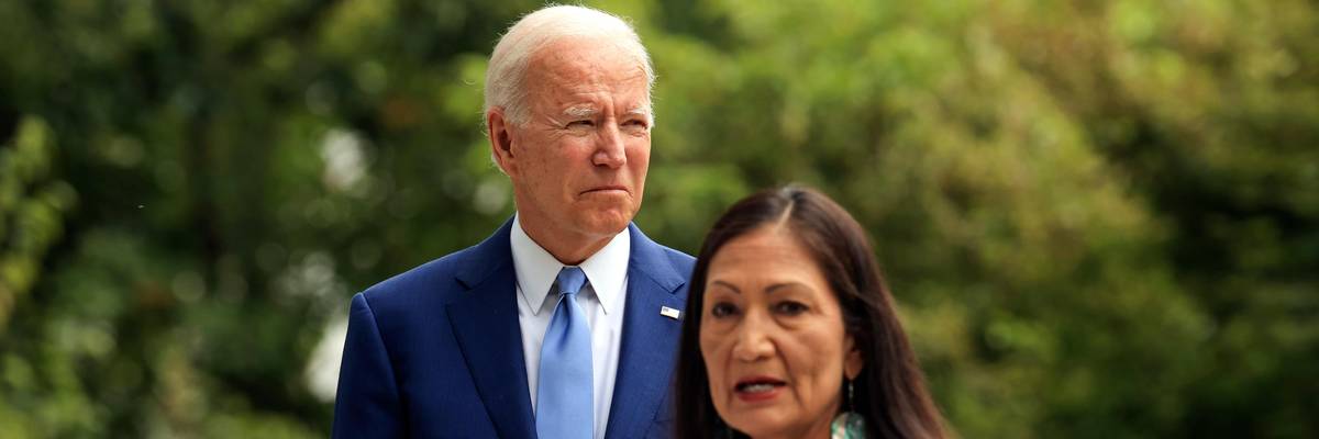U.S. President Joe Biden listens as Secretary of the Interior Deb Haaland speaks at the White House on October 8, 2021 in Washington, D.C.