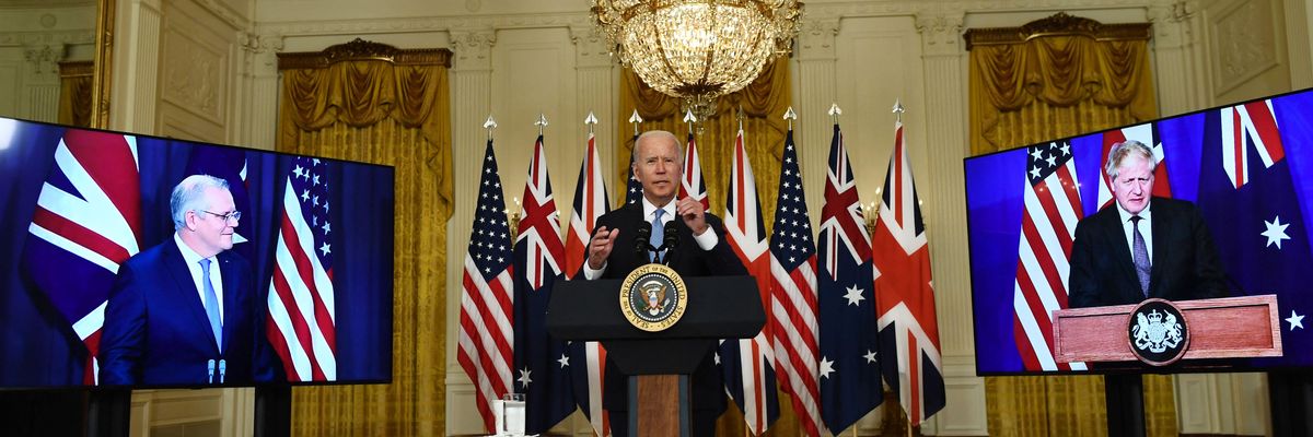 U.S. President Joe Biden participates is a virtual press conference with British Prime Minister Boris Johnson (right) and Australian Prime Minister Scott Morrison in the East Room of the White House in Washington, D.C. on September 15, 2021. (Photo: Brendan Smialowski/AFP via Getty Images)
