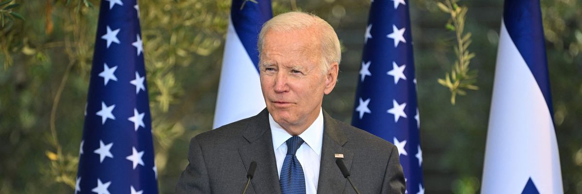 U.S. President Joe Biden speaks before receiving the Presidential Medal of Honor from his Israeli counterpart in Jerusalem on July 14, 2022.