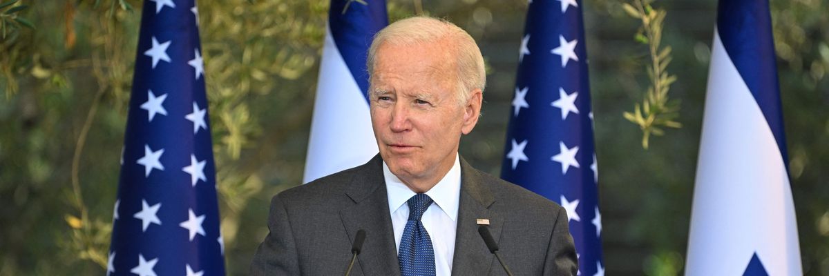 U.S. President Joe Biden speaks before receiving the Presidential Medal of Honor from his Israeli counterpart in Jerusalem on July 14, 2022.