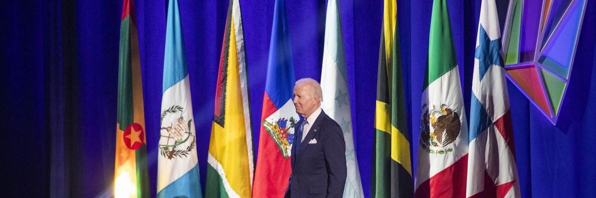 U.S. President Joe Biden takes the stage to speak during the Summit of the Americas at the Microsoft Theater in Los Angeles on June 8, 2022.