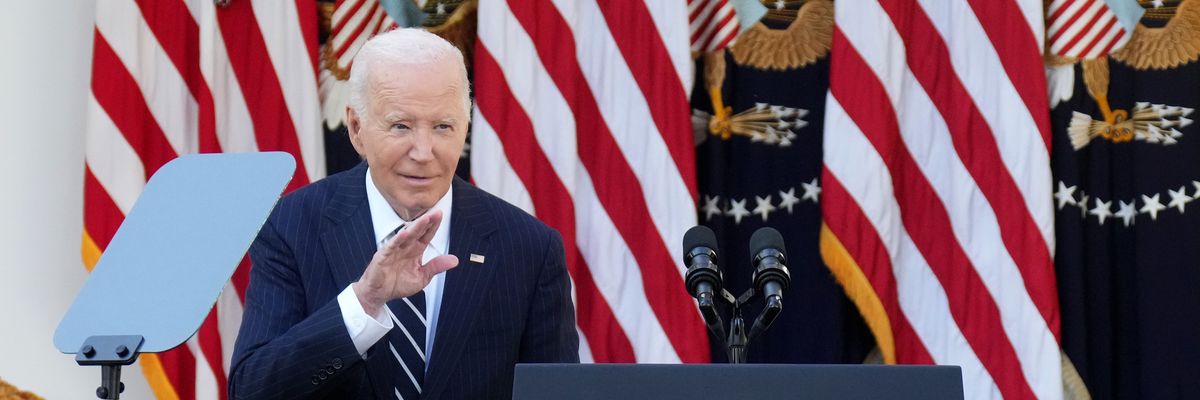 U.S. President Joe Biden waves as he departs the White House Rose Garden