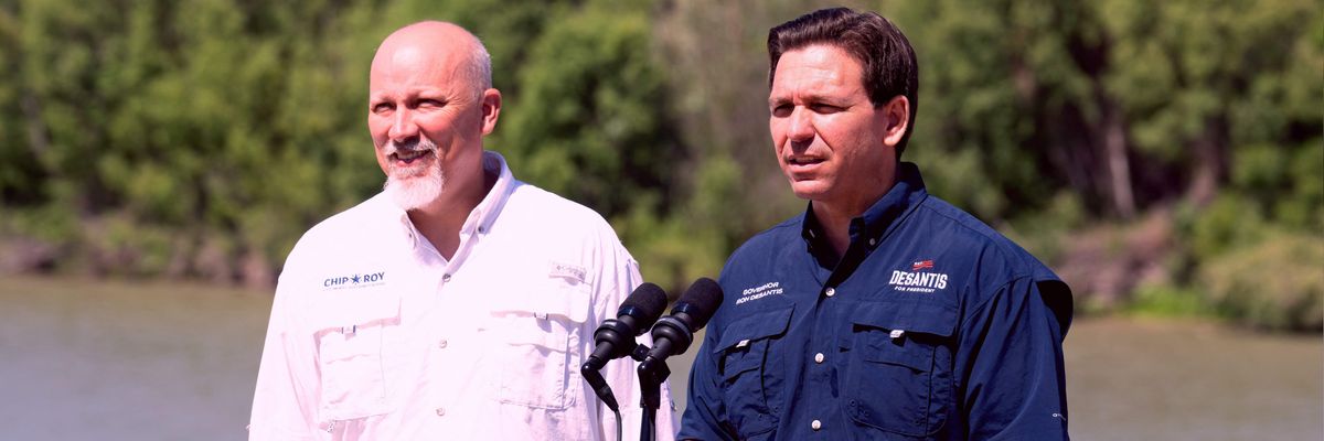 U.S. Rep. Chip Roy (R-Texas) looks on as Florida governor and 2024 Republican presidential candidate Ron DeSantis speaks during a news conference near the Rio Grande River in Eagle Pass, Texas on June 26, 2023.