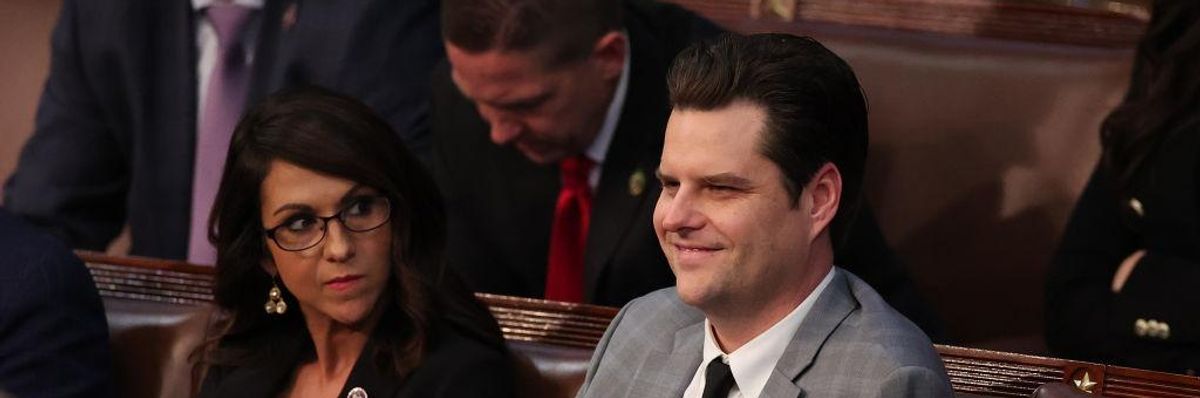 U.S. Rep.-elect Matt Gaetz sits next to Rep.-elect Lauren Boebert