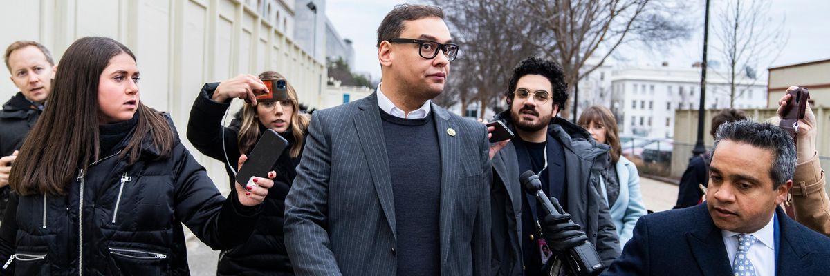 U.S. Rep. George Santos (R-N.Y.) leaves a meeting of the House Republican Conference at the Capitol Hill Club on January 25, 2023.