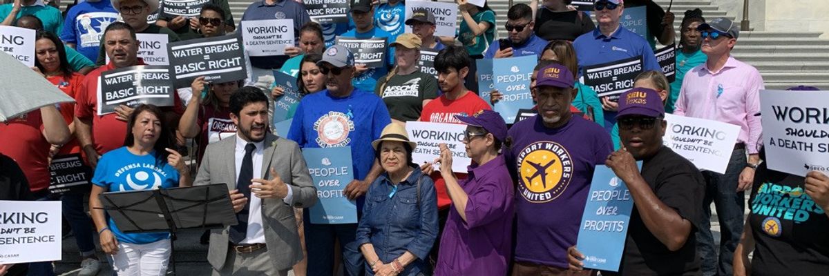 U.S. Rep. Greg Casar (third from left) speaks at a vigil and "thirst strike" on the U.S. Capitol steps.
