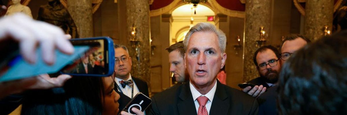 U.S. Rep. Kevin McCarthy (R-Calif.) talks to reporters as he leaves the House Chamber during the third day of elections for speaker of the House at the U.S. Capitol Building on January 5, 2023.