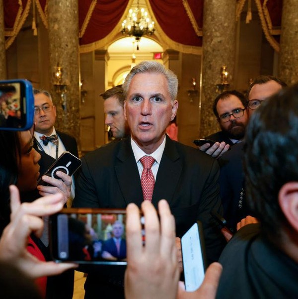 U.S. Rep. Kevin McCarthy (R-Calif.) talks to reporters as he leaves the House Chamber during the third day of elections for speaker of the House at the U.S. Capitol Building on January 5, 2023.