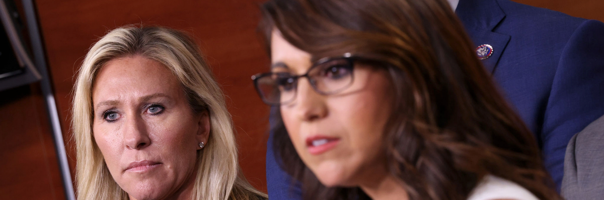 U.S. Rep. Lauren Boebert, R-Colo., right, speaks during a news conference alongside U.S. Rep. Marjorie Taylor Greene