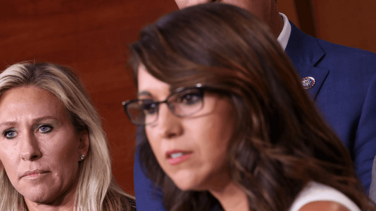 U.S. Rep. Lauren Boebert, R-Colo., right, speaks during a news conference alongside U.S. Rep. Marjorie Taylor Greene