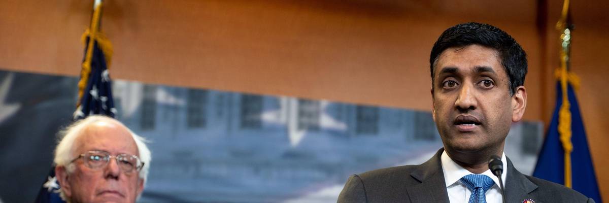 U.S. Rep. Ro Khanna (R), Democrat of California, and U.S. Sen. Bernie Sanders, Independent of Vermont, speak during a press conference following a vote in the U.S. House on ending U.S. military involvement in the war in Yemen, on Capitol Hill in Washington, D.C., April 4, 2019.