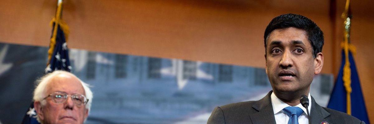 U.S. Rep. Ro Khanna (R), Democrat of California, and U.S. Sen. Bernie Sanders, Independent of Vermont, speak during a press conference following a vote in the U.S. House on ending U.S. military involvement in the war in Yemen, on Capitol Hill in Washington, D.C., April 4, 2019.