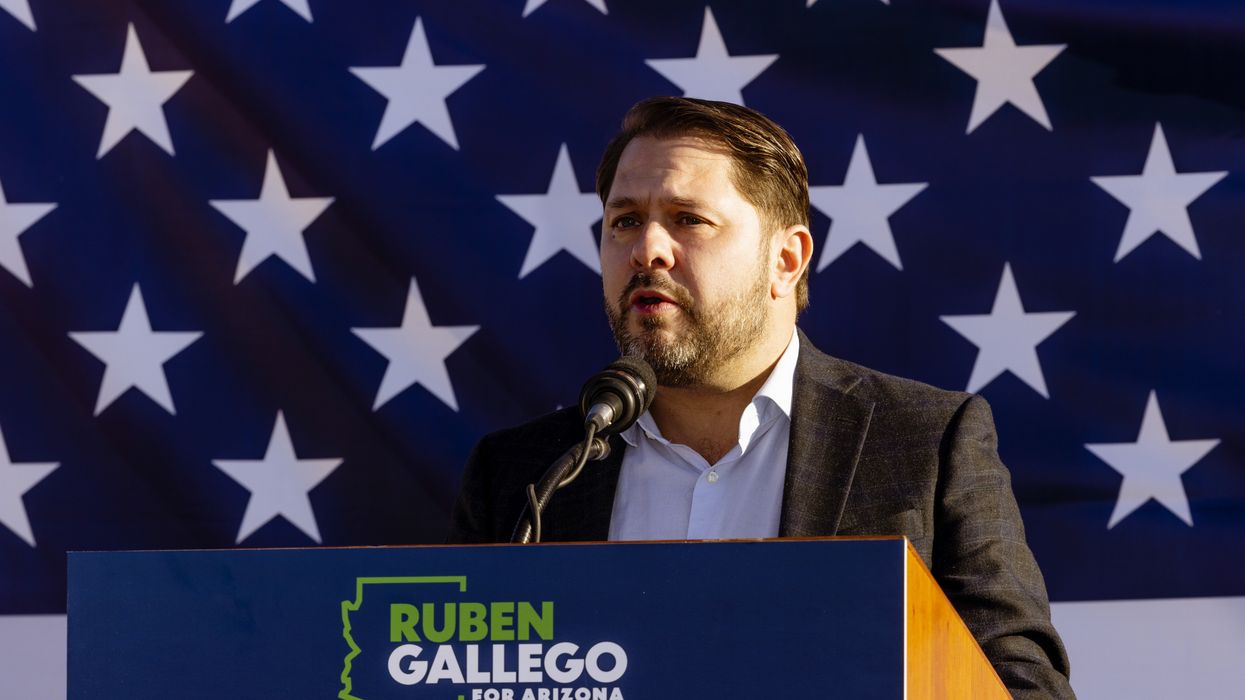 U.S. Rep. Ruben Gallego (D-Ariz.), who is running for Senate, speaks during a campaign event at Grant Park on Phoenix on January 28, 2023.