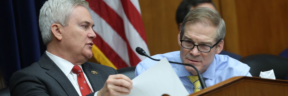 U.S. Reps. James Comer (R-Ky.) and Rep. Jim Jordan (R-Ohio) participate in a meeting of the House Oversight and Reform Committee in the Rayburn House Office Building on January 31, 2023.