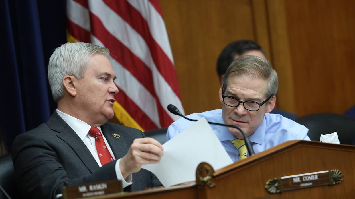 U.S. Reps. James Comer (R-Ky.) and Rep. Jim Jordan (R-Ohio) participate in a meeting of the House Oversight and Reform Committee in the Rayburn House Office Building on January 31, 2023.