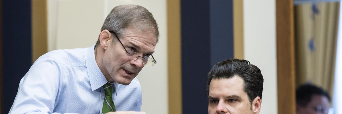 U.S. Reps. Jim Jordan (R-Ohio) and Matt Gaetz (R-Fla.) talk during a House Judiciary Committee hearing in Washington, D.C. on June 30, 2021.