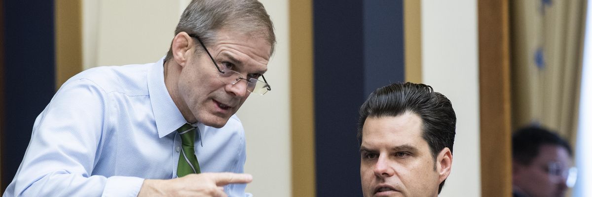 U.S. Reps. Jim Jordan (R-Ohio) and Matt Gaetz (R-Fla.) talk