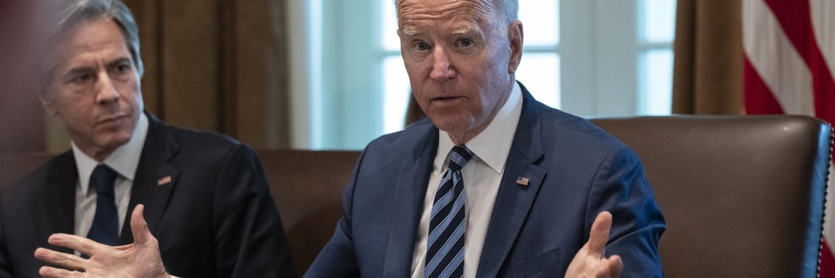U.S. Secretary of State Antony Blinken looks on as U.S. President Joe Biden speaks at the start of a Cabinet meeting on July 20, 2021, in Washington, D.C.