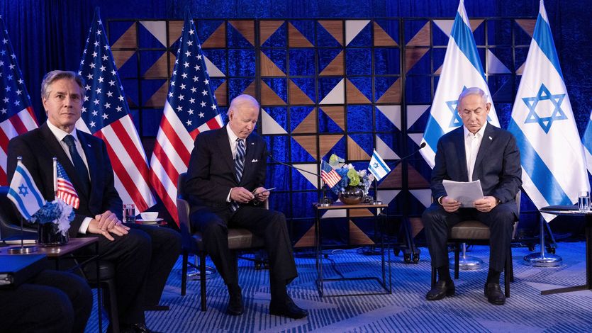 U.S. Secretary of State Antony Blinken, U.S. President Joe Biden, and Israeli Prime Minister Benjamin Netanyahu