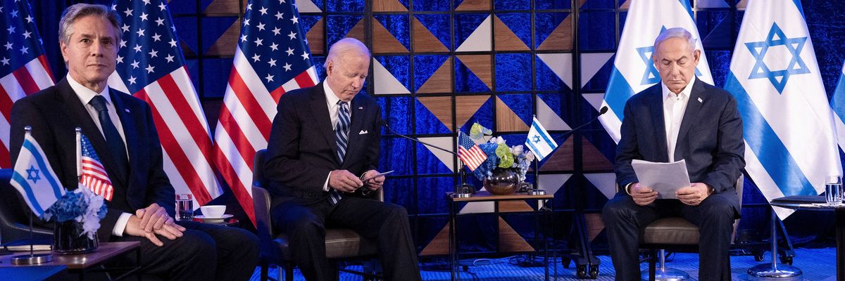 U.S. Secretary of State Antony Blinken, U.S. President Joe Biden, and Israeli Prime Minister Benjamin Netanyahu