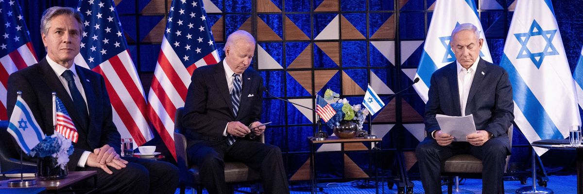 U.S. Secretary of State Antony Blinken, U.S. President Joe Biden, and Israeli Prime Minister Benjamin Netanyahu