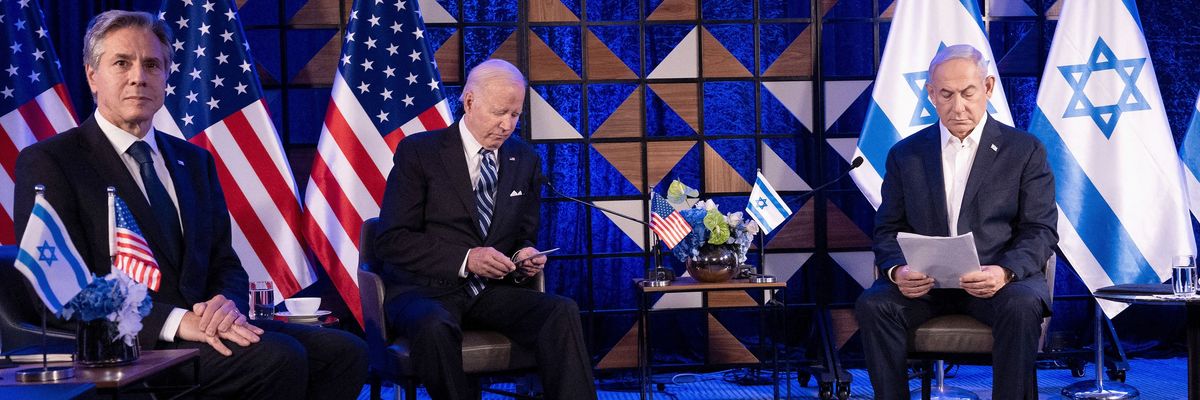 U.S. Secretary of State Antony Blinken, U.S. President Joe Biden, and Israeli Prime Minister Benjamin Netanyahu