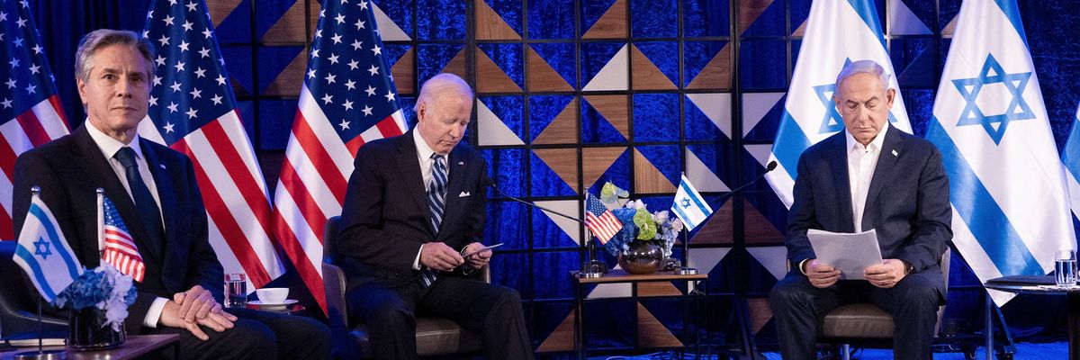 U.S. Secretary of State Antony Blinken, U.S. President Joe Biden, and Israeli Prime Minister Benjamin Netanyahu