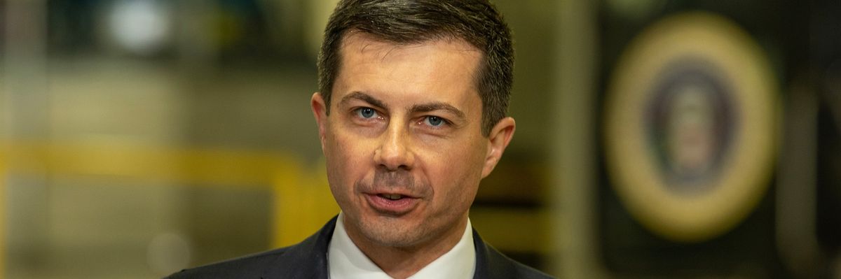 U.S. Secretary of Transportation Pete Buttigieg speaks during an event