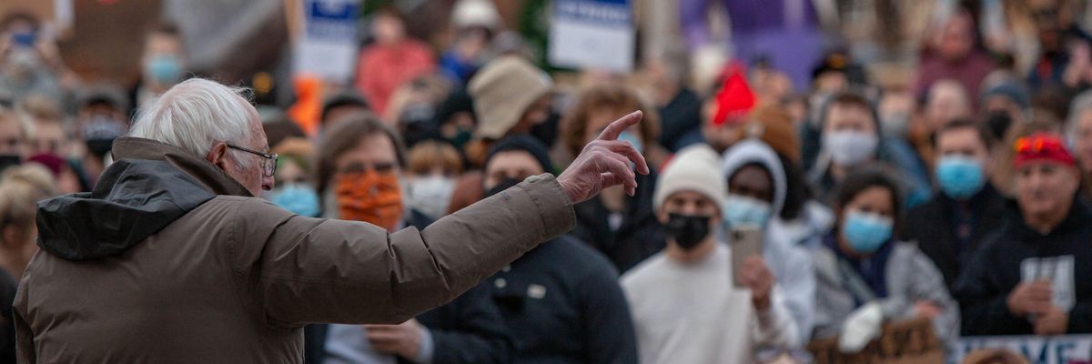 U.S. Sen. Bernie Sanders (I-Vt.) gestures as he speaks to striking Kellogg's workers in downtown Battle Creek, Michigan on December 17, 2021.