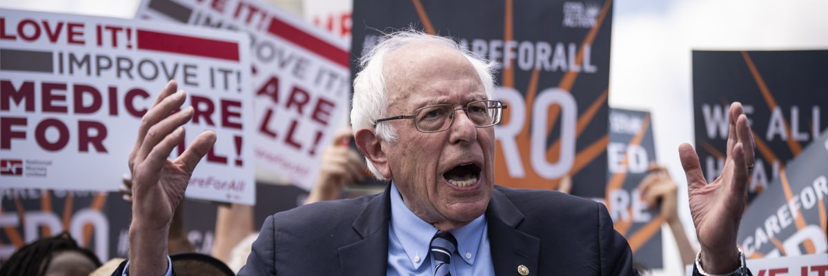 U.S. Sen. Bernie Sanders (I-Vt.) speaks during a news conference to announce the re-introduction of the Medicare for All Act outside the Capitol in Washington, D.C. on May 17, 2023.