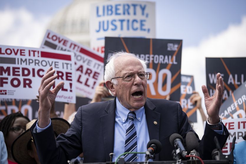 U.S. Sen. Bernie Sanders (I-Vt.) speaks during a news conference to announce the re-introduction of the Medicare for All Act outside the Capitol in Washington, D.C. on May 17, 2023.