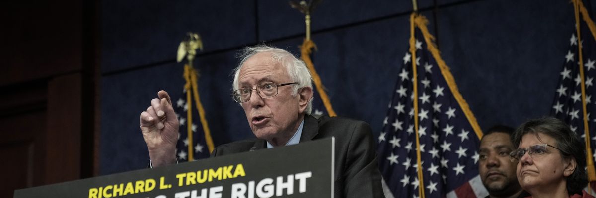 U.S. Sen. Bernie Sanders (I-Vt.) speaks during a news conference to introduce the Richard L. Trumka Protecting the Right to Organize (PRO) Act on February 28, 2023 in Washington, D.C.