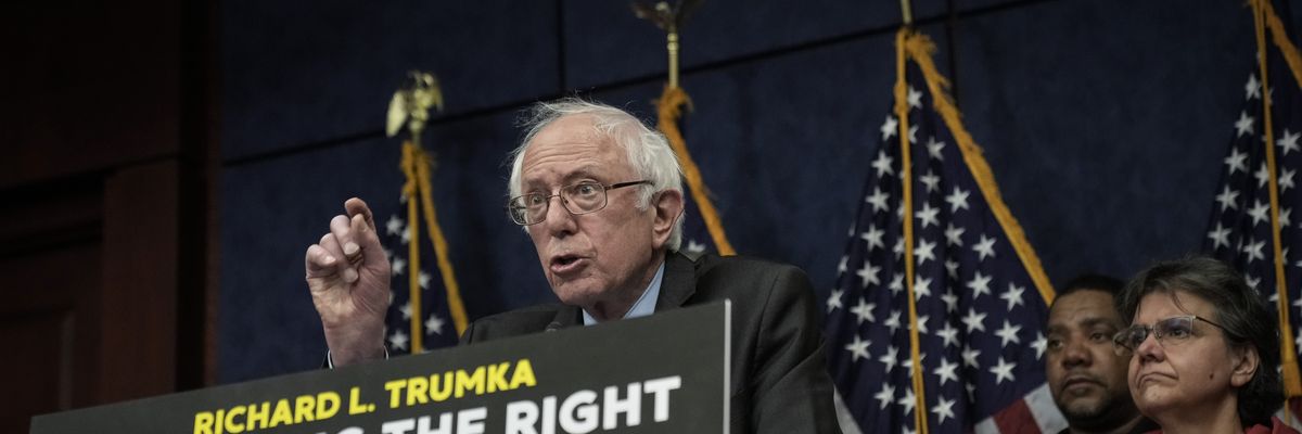U.S. Sen. Bernie Sanders (I-Vt.) speaks during a news conference to introduce the Richard L. Trumka Protecting the Right to Organize (PRO) Act on February 28, 2023 in Washington, D.C.