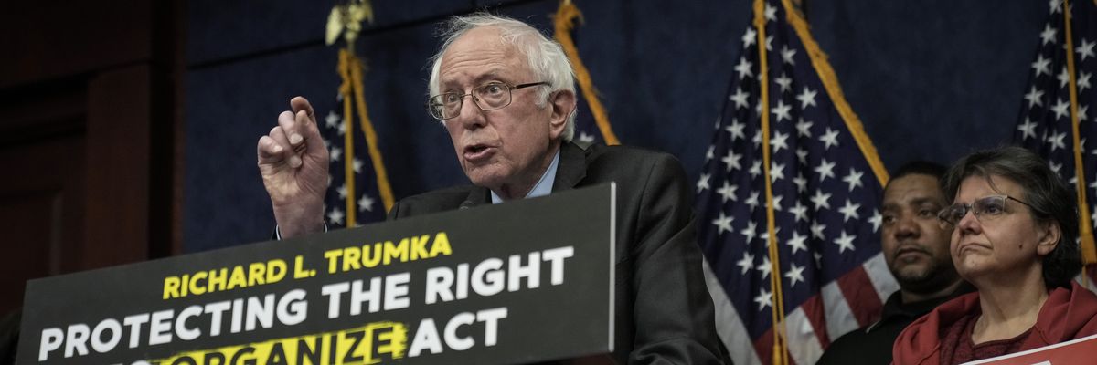 U.S. Sen. Bernie Sanders (I-Vt.) speaks during a news conference to introduce the Richard L. Trumka Protecting the Right to Organize (PRO) Act on February 28, 2023 in Washington, D.C.