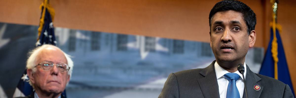 U.S. Sen. Bernie Sanders (I-Vt.) watches U.S. Rep. Ro Khanna (D-Calif.) speak during a press conference on Capitol Hill on April 4, 2019.