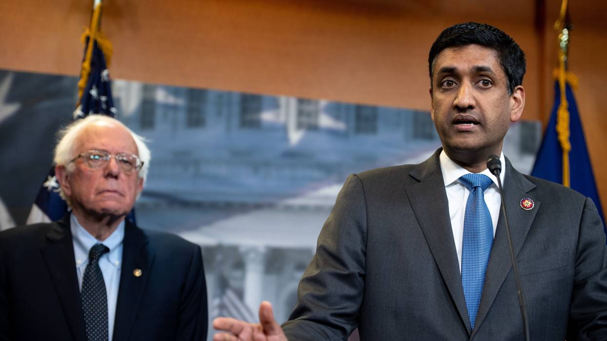 U.S. Sen. Bernie Sanders (I-Vt.) watches U.S. Rep. Ro Khanna (D-Calif.) speak during a press conference on Capitol Hill on April 4, 2019.