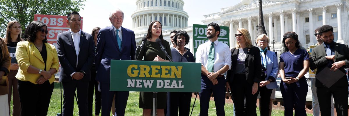 U.S. Sen. Ed Markey (D-Mass.) and Rep. Alexandria Ocasio-Cortez (D-N.Y.) reintroduce the Green New Deal Resolution in front of the U.S. Capitol in Washington, D.C. on April 20, 2023.