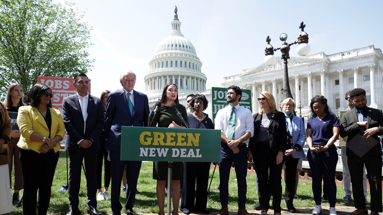U.S. Sen. Ed Markey (D-Mass.) and Rep. Alexandria Ocasio-Cortez (D-N.Y.) reintroduce the Green New Deal Resolution in front of the U.S. Capitol in Washington, D.C. on April 20, 2023.