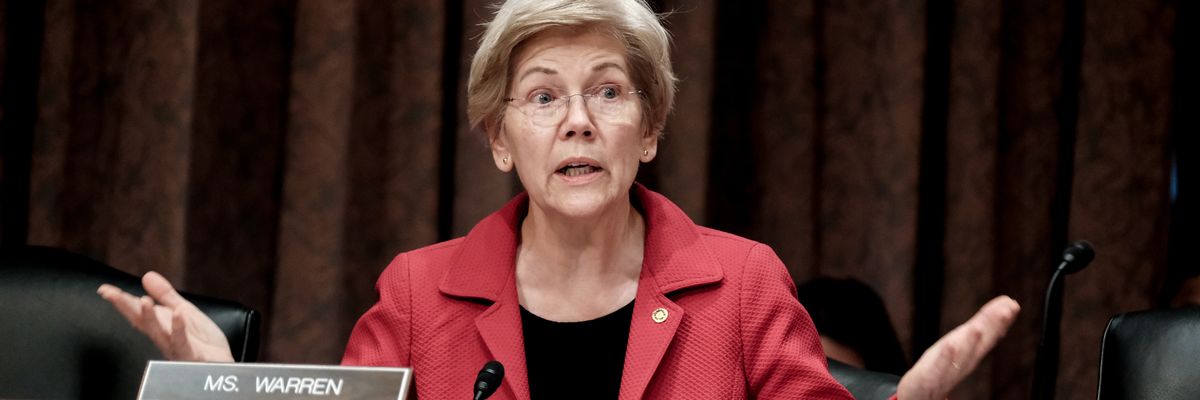 U.S. Sen. Elizabeth Warren (D-Mass.) speaks during a Senate Banking Committee hearing on Capitol Hill on June 13, 2023 in Washington, D.C.