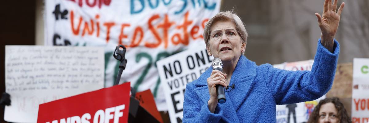 U.S. Sen. Elizabeth Warren speaks at a rally outside the Consumer Financial Protection Bureau (CFPB) on February 10, 2025 in Washington, D.C.
