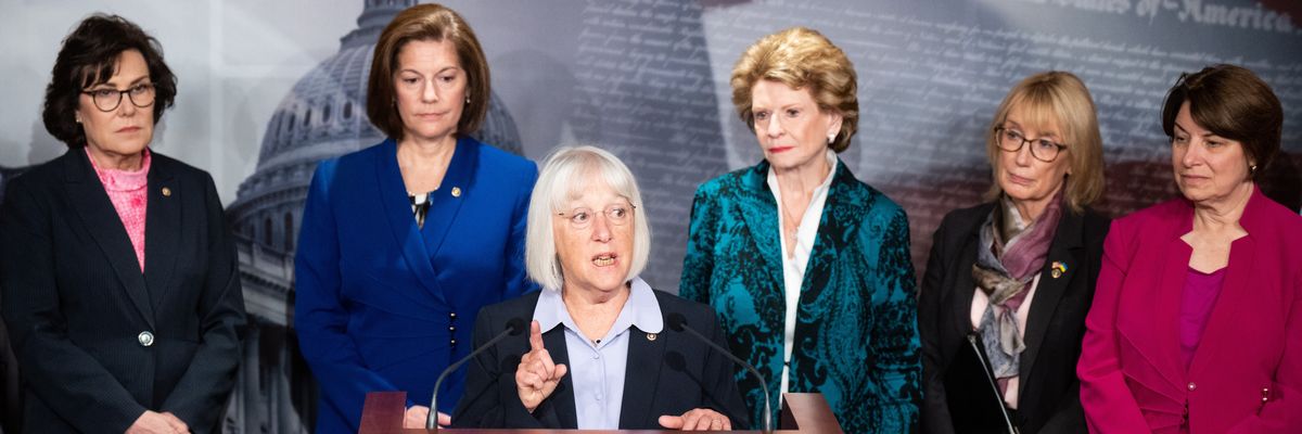 U.S. Sen. Patty Murray (D-Wash.) speaks during a news conference in Washington, D.C., on June 21, 2023, flanked by Sens. Jacky Rosen (D-Nev.), Catherine Cortez Masto (D-Nev.), Debbie Stabenow (D-Mich.), Maggie Hassan (D-N.H.), and Amy Klobuchar (D-Minn.).​